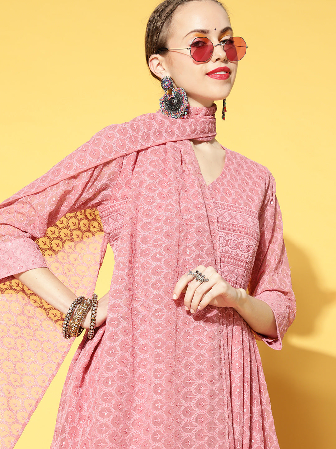 Rose Pink Georgette Kurta With Stole