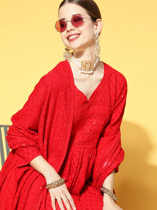 Red Chikankari Kurta with Dupatta