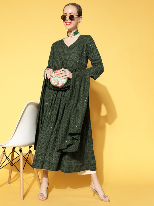 Green Chikankari Kurta With Dupatta
