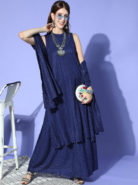 Blue Chikankari Halter Kurta Set With Dupatta