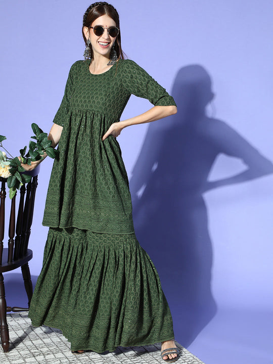 Green Chikankari Short Kurta Sharara Set