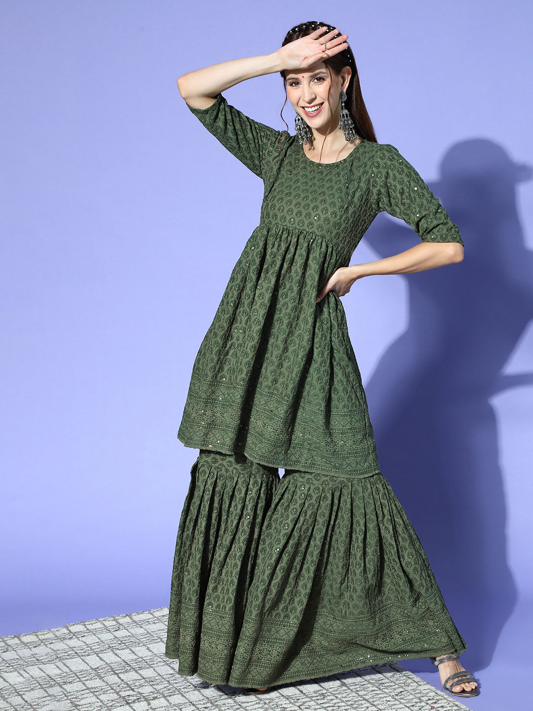 Green Chikankari Short Kurta Sharara Set - InWeave Green Chikankari Short Kurta Sharara Set - InWeave