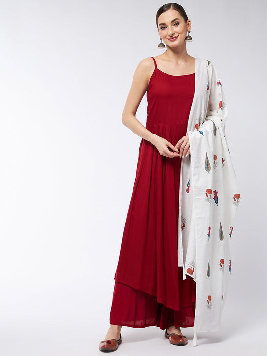 Maroon Strappy Kurta Set With Muria Groovy Dupatta