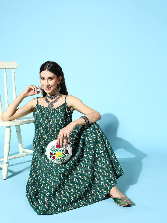 Green Kantha Ikkat Strappy Kurta Set