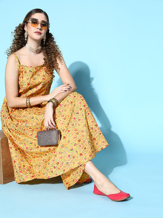 Yellow Printed Strappy Kurta Set