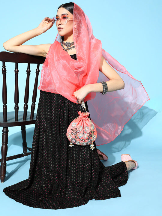 Black Dot Strappy Set - Pink Organza Dupatta