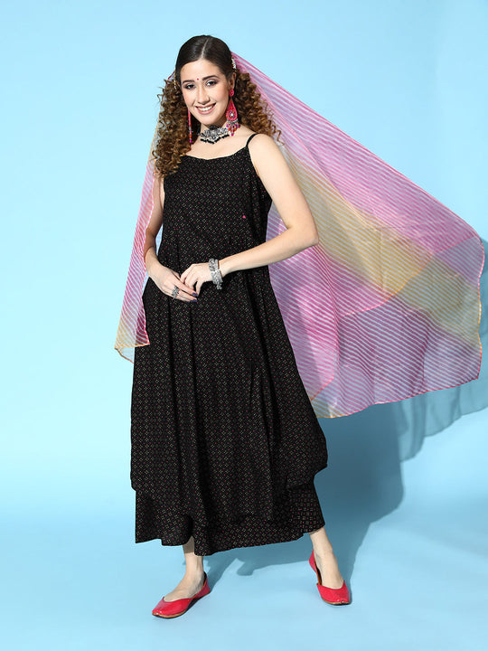 Black Dot Strappy Set - Lehriya Organza Dupatta
