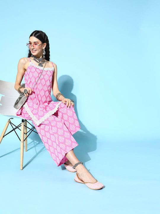 Pink Printed Spaghetti Kurta Set