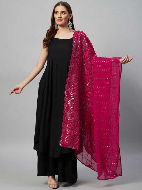 Black Strappy Set With Fuchsia Mirror Dupatta