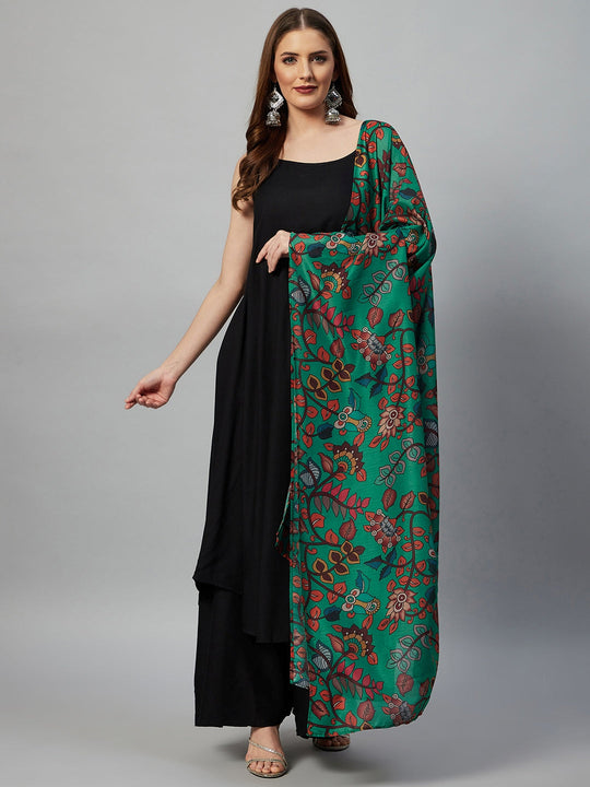 Black Strappy Set- Green Kalamkari Muslin Dupatta