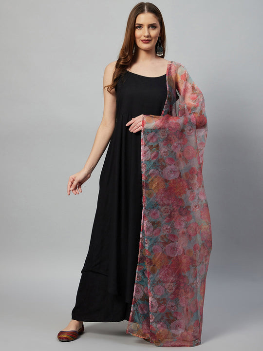 Black Strappy Set With Green Organza Dupatta