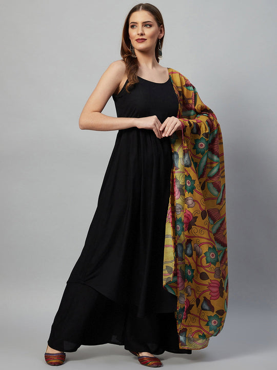 Black Strappy Set With Mustrad Floral Dupatta