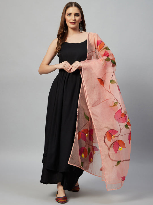 Black Strappy Set With Peach Hand Print Dupatta