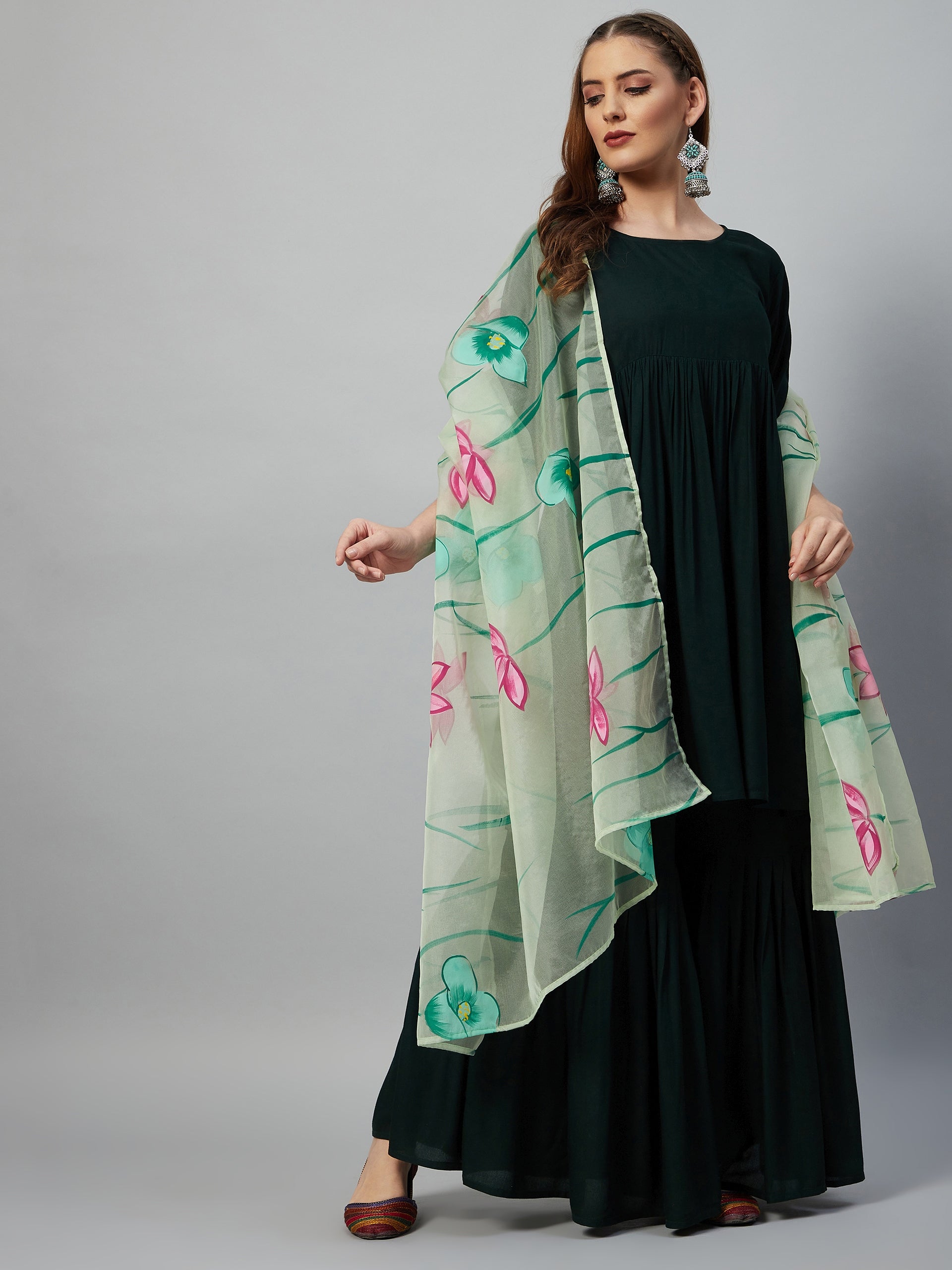 Dark Green Sharara Set - Green Hand Print Dupatta