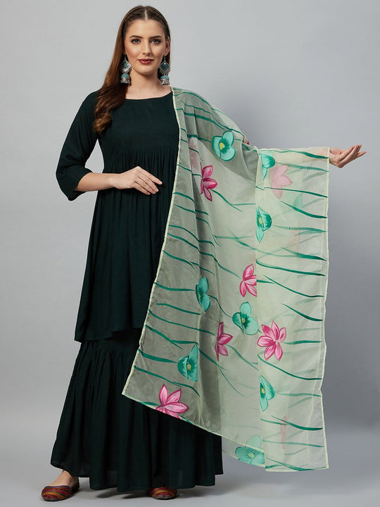 Dark Green Sharara Set - Green Hand Print Dupatta