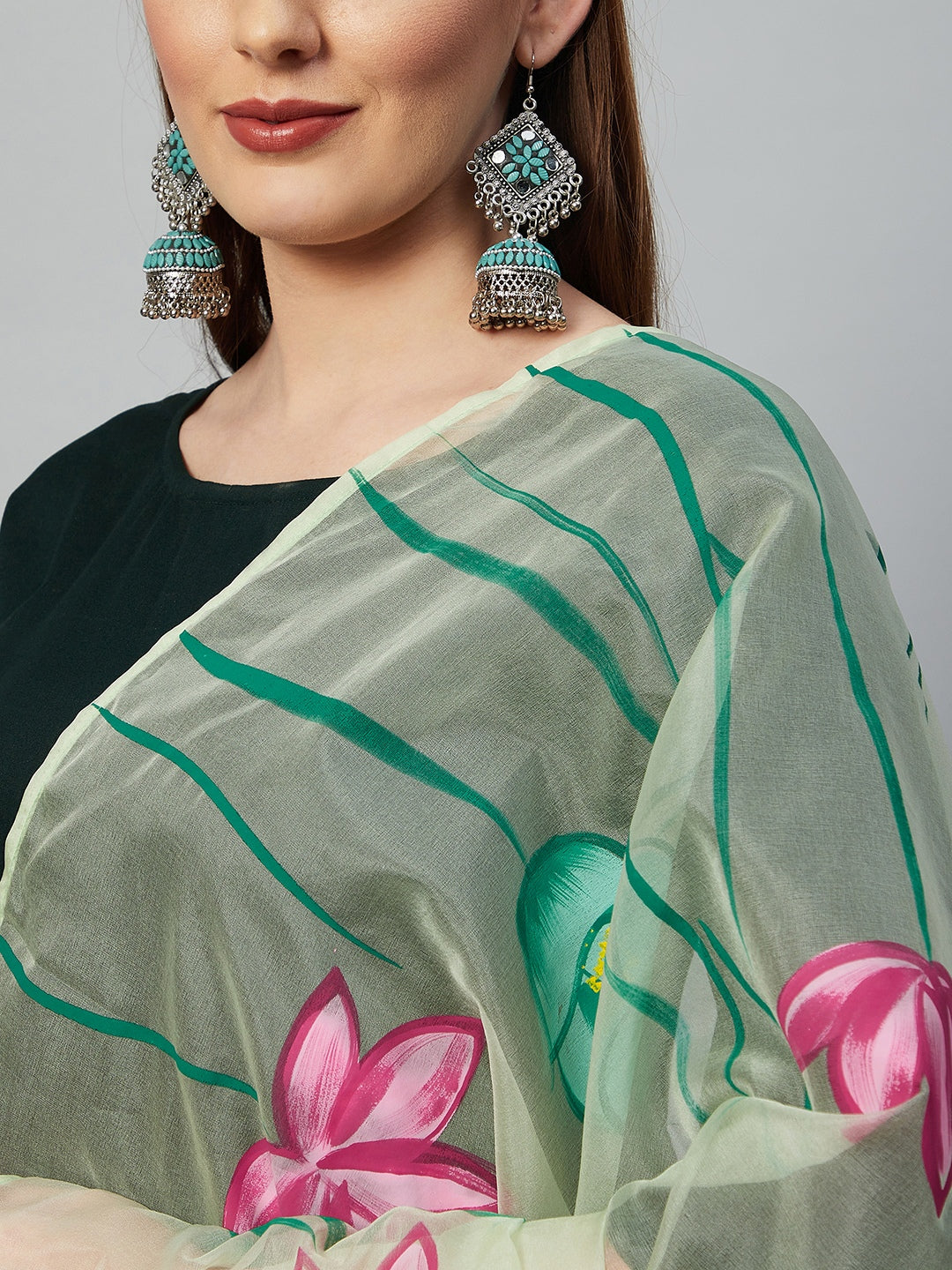 Dark Green Sharara Set - Green Hand Print Dupatta