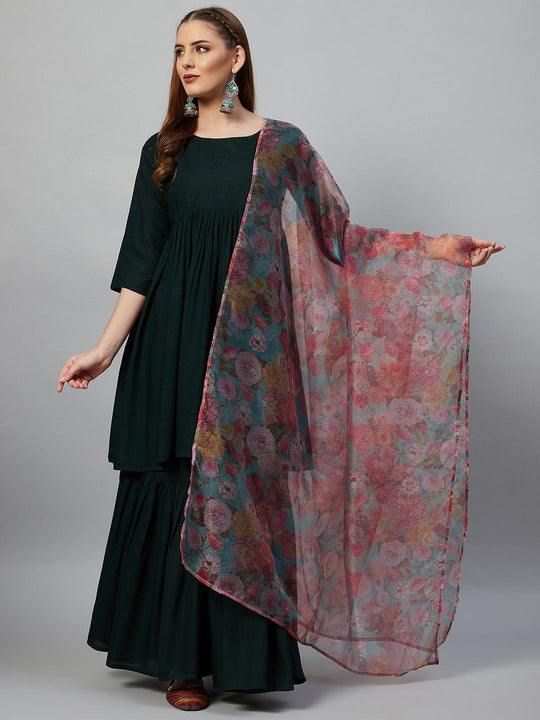 Dark Green Sharara Set - Green Organza Dupatta