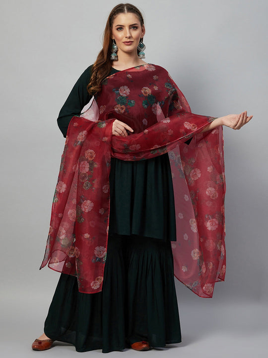 Dark Green Sharara Set - Maroon Organza Dupatta