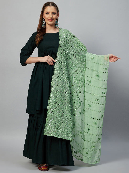 Dark Green Sharara Set-  Mint Green Mirror Dupatta