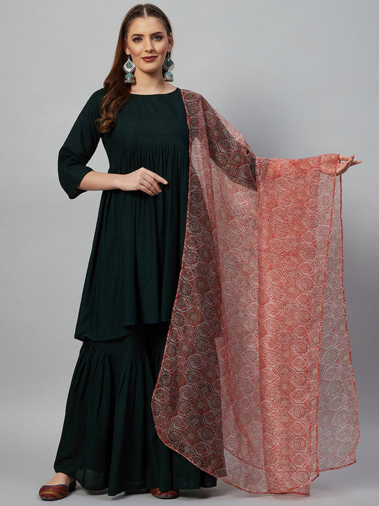 Dark Green Sharara Set - Orange Organza Dupatta
