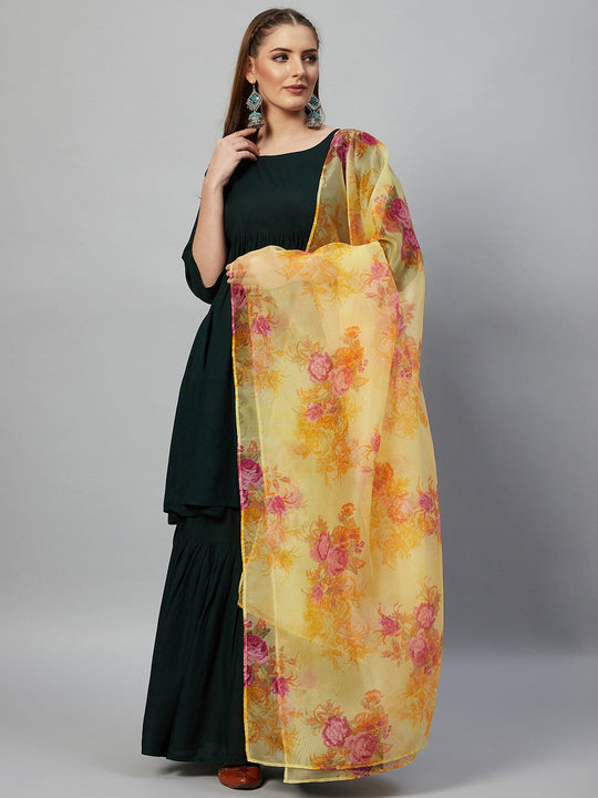 Dark Green Sharara Set - Yellow Organza Dupatta
