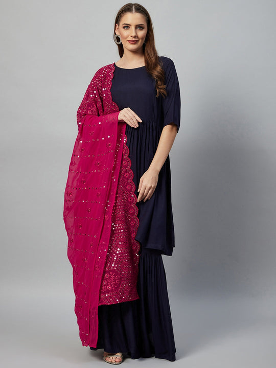 Navy Blue Sharara Set - Fuchsia Mirror Dupatta