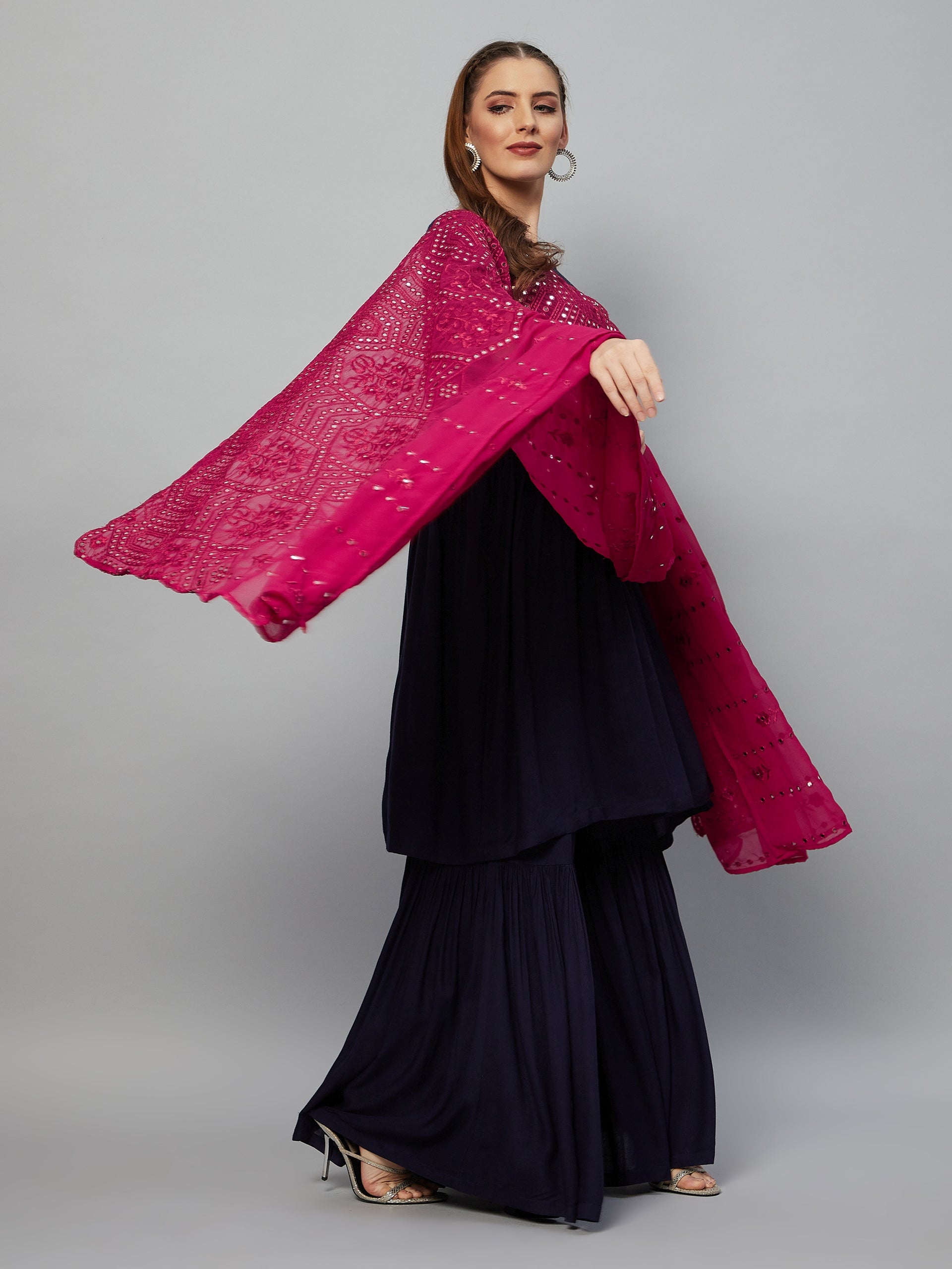 Navy Blue Sharara Set - Fuchsia Mirror Dupatta