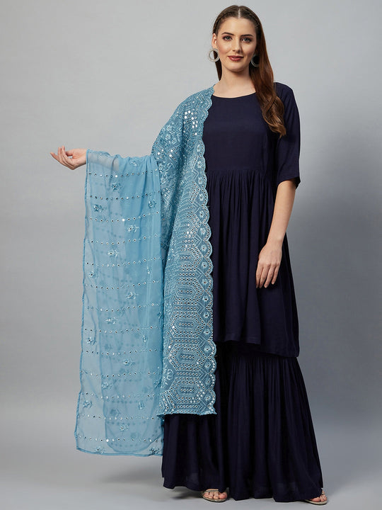 Navy Blue Sharara Set - Maya Blue Mirror Dupatta