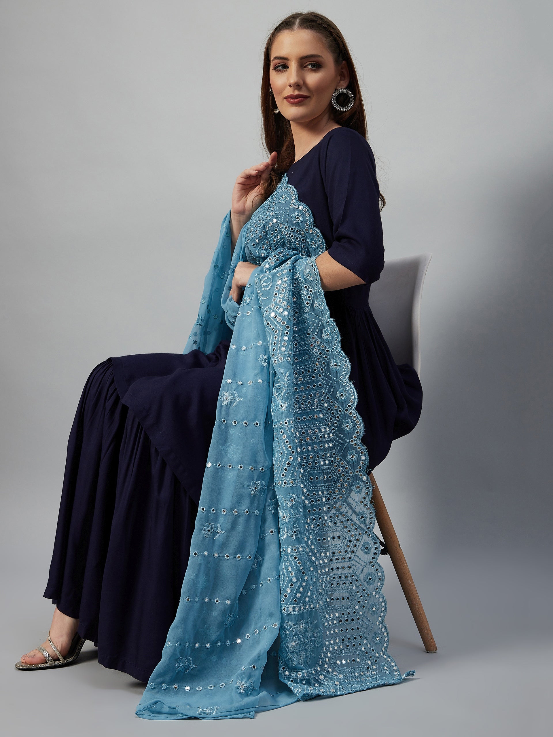 Navy Blue Sharara Set - Maya Blue Mirror Dupatta