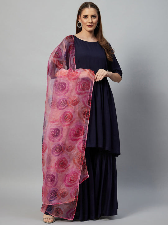 Navy Blue Sharara Set - Peach Pink Floral Dupatta