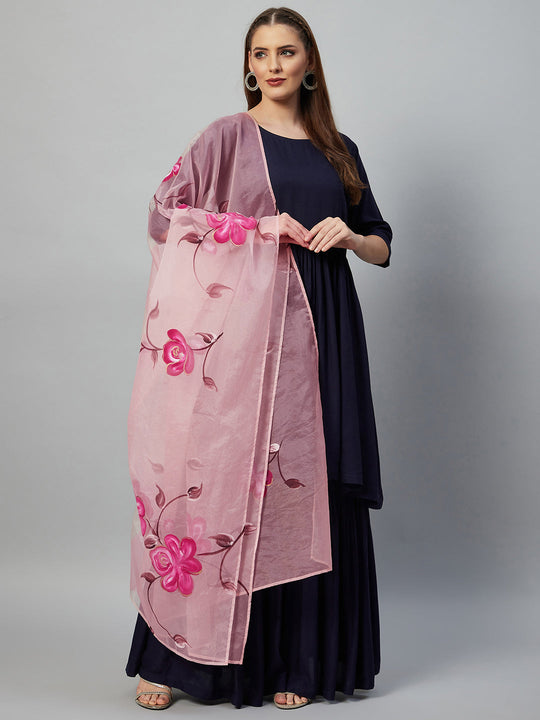 Navy Blue Sharara Set -Pink Hand Print Dupatta