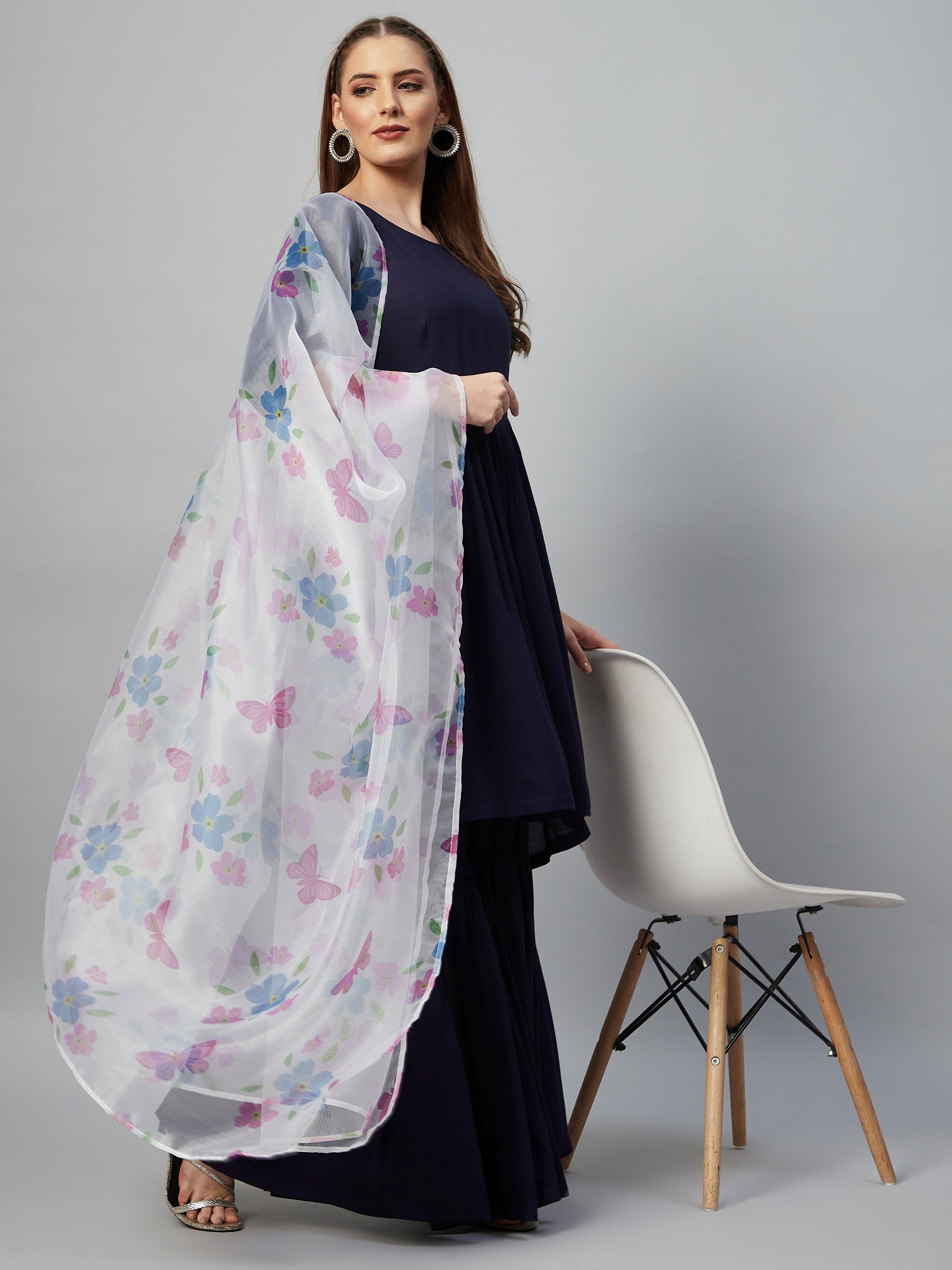 Navy Blue Sharara Set - White Butterfly Dupatta
