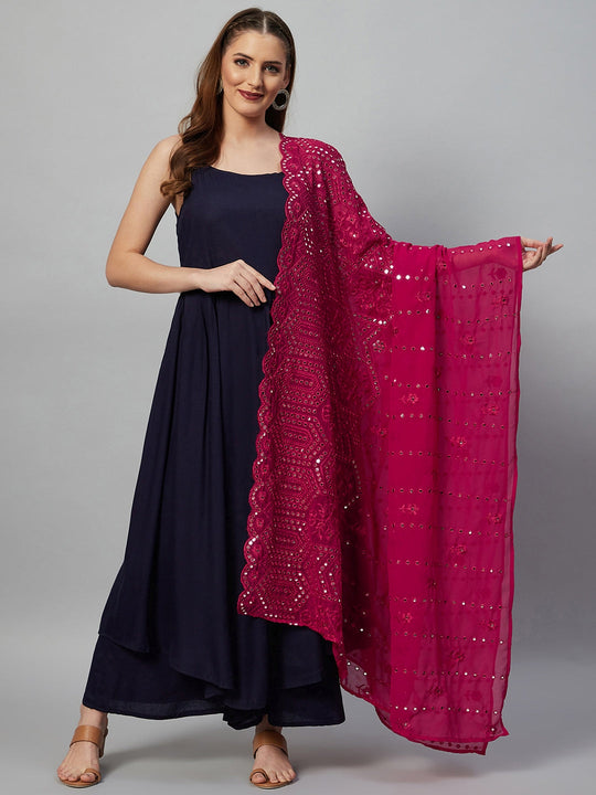 Navy Blue Strappy Set - Fuchsia Mirror Dupatta