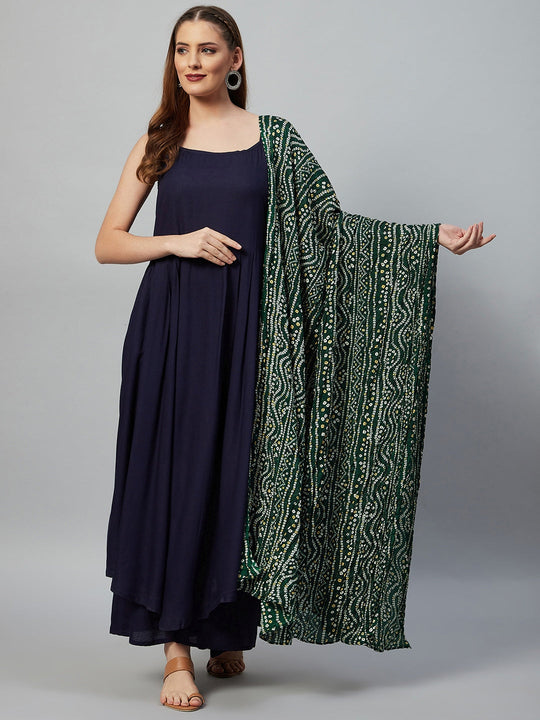 Navy Blue Strappy Set - Green Bandhani Dupatta