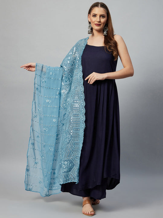 Navy Blue Strappy Set - Maya Blue Mirror Dupatta