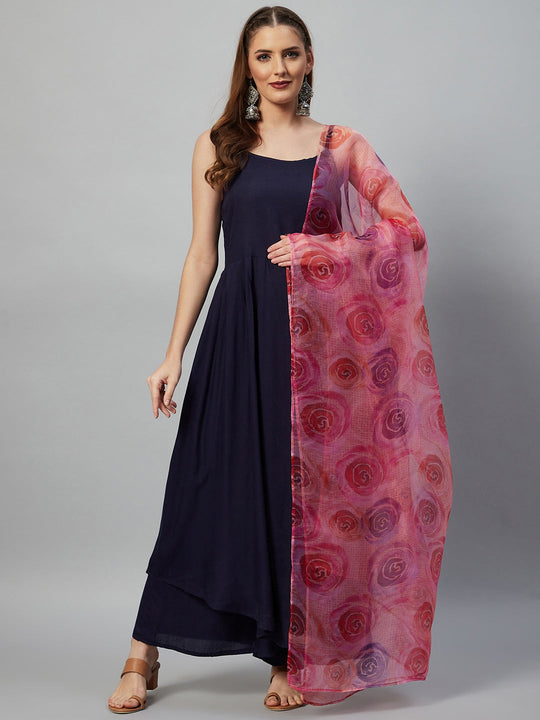 Navy Blue Strappy Set - Peach Pink Floral Dupatta