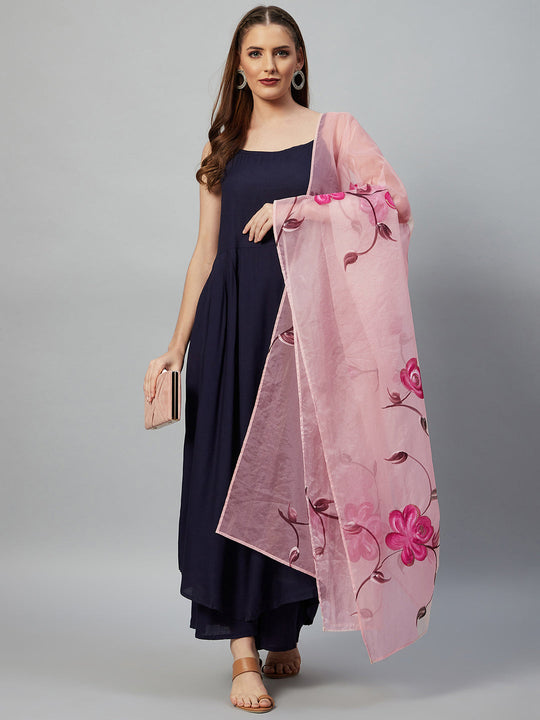 Navy Blue Strappy Set -Pink Hand Print Dupatta