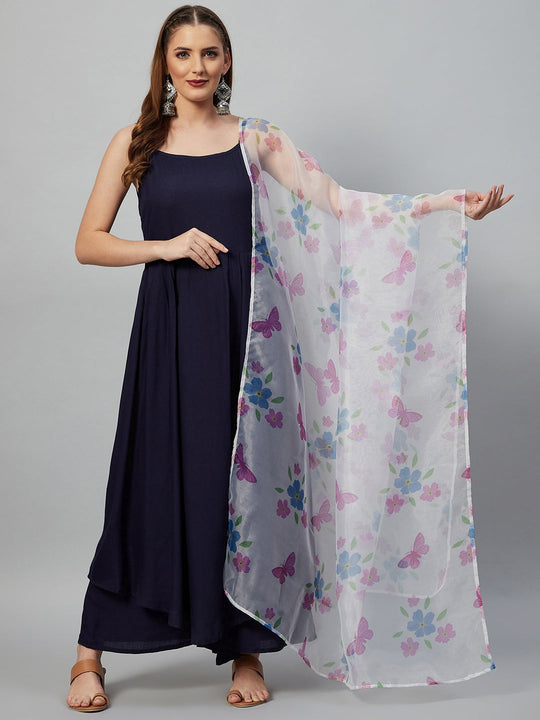 Navy Blue Strappy Set - White Butterfly Dupatta