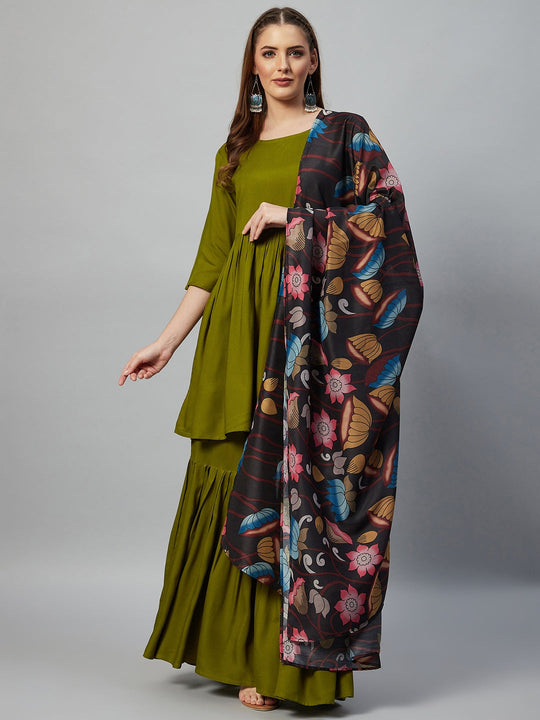 Olive Sharara Set - Black Print Dupatta