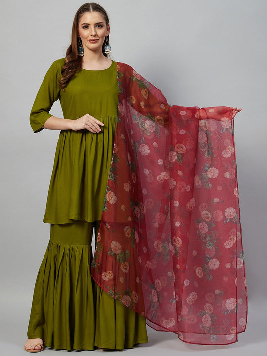 Olive Sharara Set - Maroon Organza Dupatta
