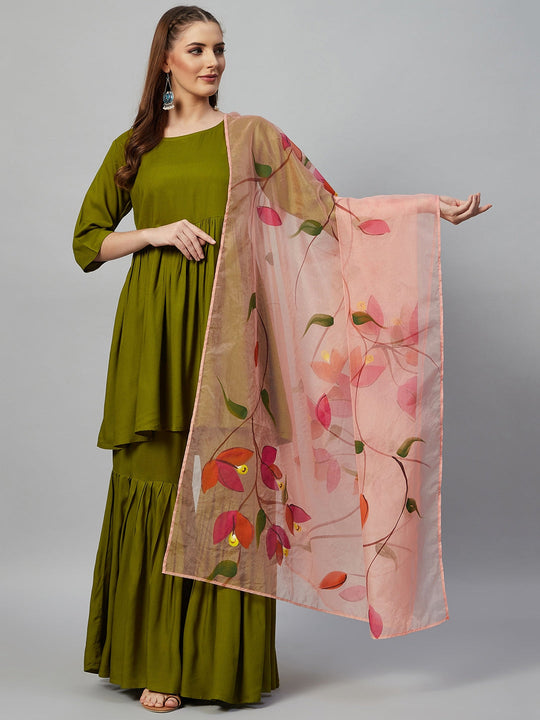 Olive Sharara Set - Peach Hand Print Dupatta