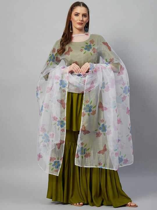 Olive Sharara Set - White Butterfly Dupatta