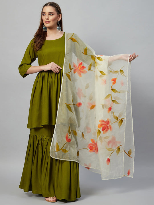 Olive Sharara Set - White Hand Print Dupatta