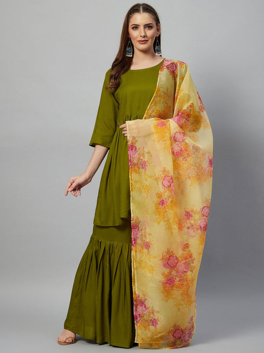 Olive Sharara Set - Yellow Organza Dupatta