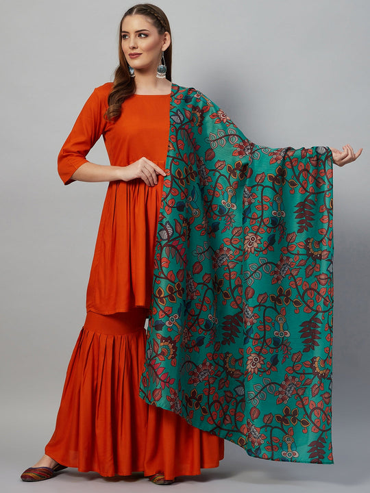 Orange Sharara Set - Green Kalamkari Muslin Dupatta