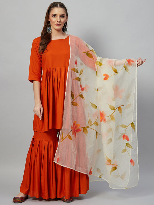 Orange Sharara Set - White Hand Print Dupatta