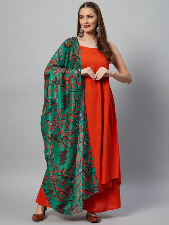 Orange Strappy Set - Green Kalamkari Muslin Dupatta