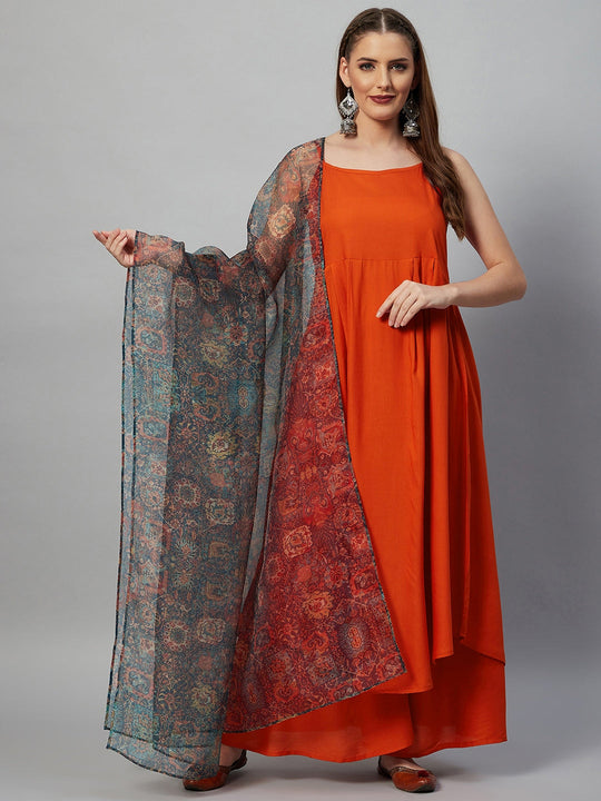 Orange Strappy Set - Multi Organza Dupatta