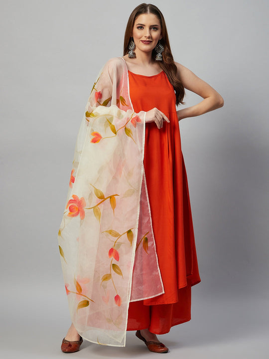 Orange Strappy Set - White Hand Print Dupatta