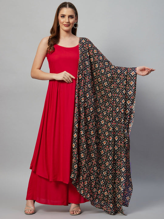 Red Strappy Set - Black Fosilk Dupatta